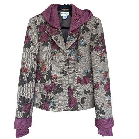 Pendleton Jackets & Blazers - Pendleton Jacket Womens 6 Gray Floral Wool Blend Blazer Purple Knit Hood Pockets